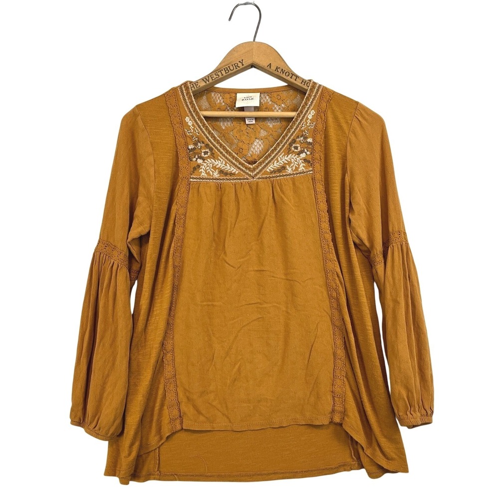 KNOX ROSE Long Sleeve Peasant Blouse Size XS Brown Embroidered Rayon‎